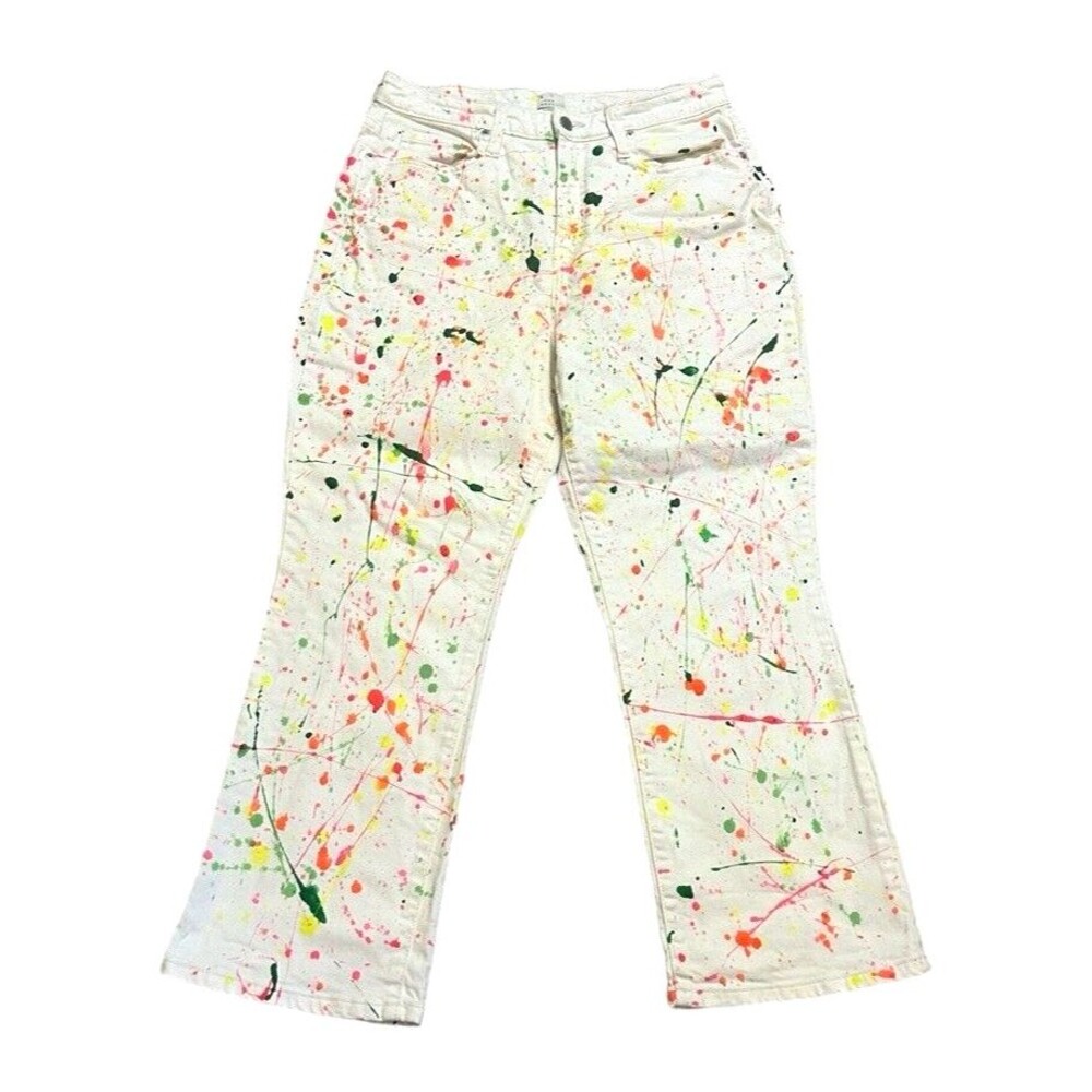 Y2K 80s 90s revival jeans white size 10 neon pain splatter Fair Trade high rise